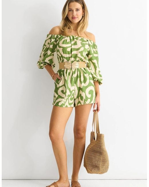 Gini London Yellow Abstract Belted Bardot Viscose Playsuit