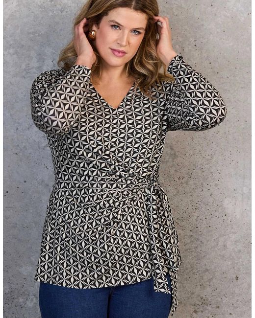 Live Unlimited London Gray Geo Print V-Neck Side Tie Tunic