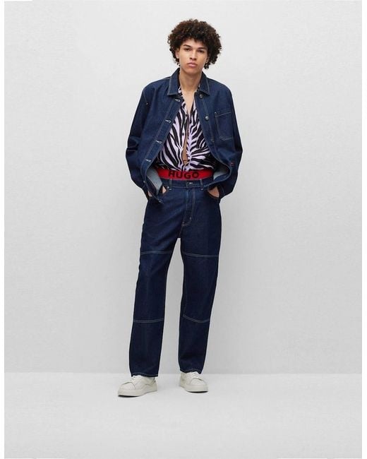 Boss Blue Solid Patterned Denim Jacket With Shirt Collar for men