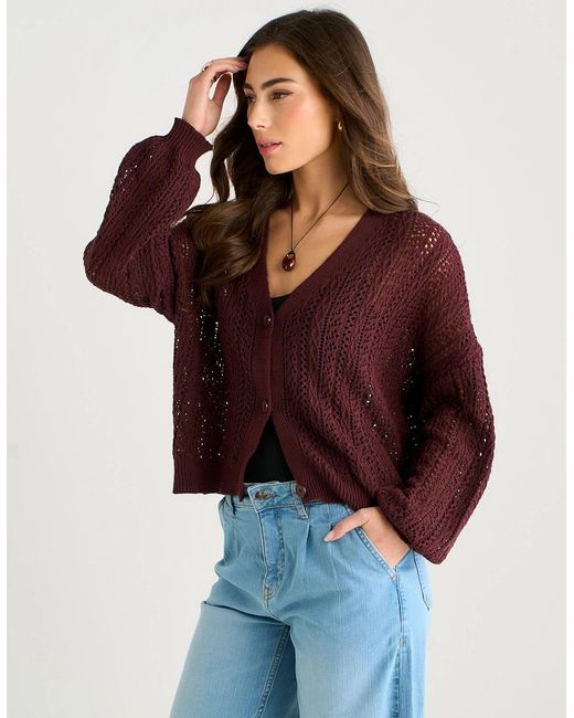 Gini London Purple Chocolate Pointelle Knit Button-Front Cardigan