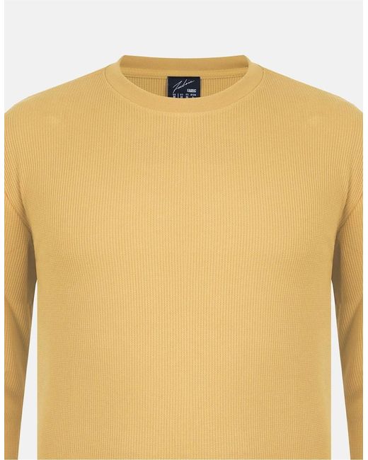 Fabric Yellow Waffle Crew Neck Long Sleeve T-Shirt for men