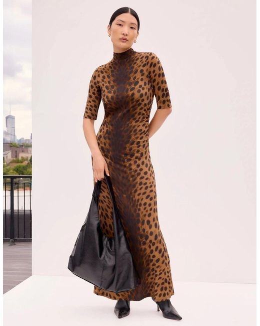 Ro&zo Brown Leopard Print Mock Neck Jersey Dress