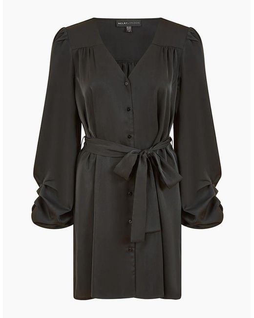 Mela London Black Balloon Sleeve V-Neck Mini Shirtdress