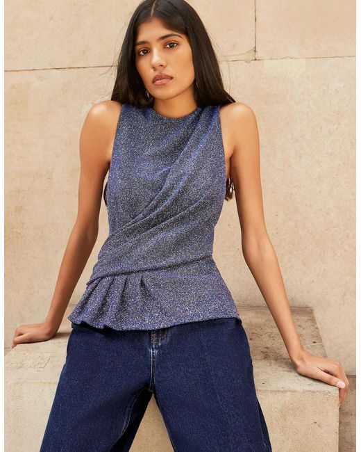 Ro&zo Blue Sparkle Drape-Front Top