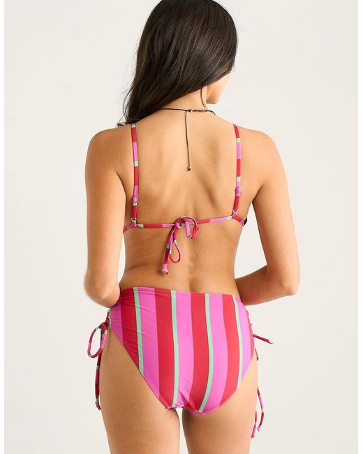 Gini London Red Multi Colour Stripe Tie Ruched Bikini Bottom