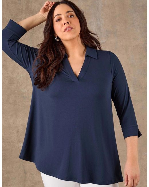 Live Unlimited London Blue 3/4 Sleeve Collared V-Neck Jersey Top