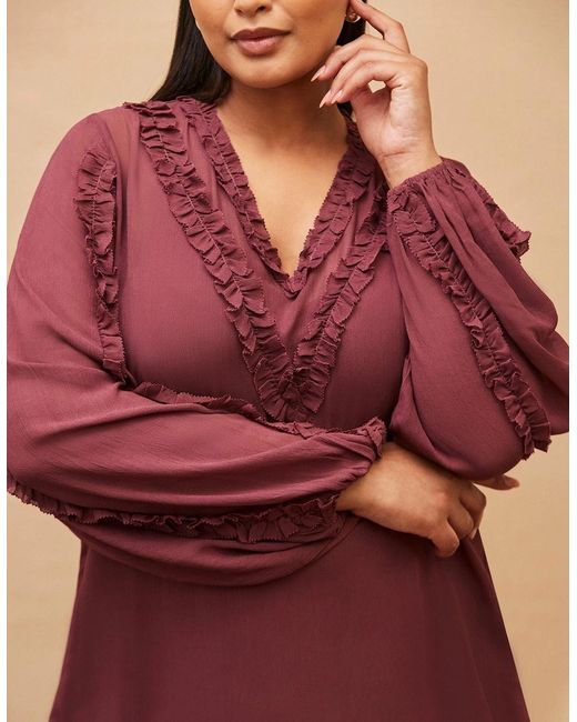Live Unlimited London Red Burgundy Frill Trim V Neck Blouse