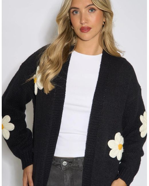 Gini London Black 3D Daisy Flower Longline Cardigan