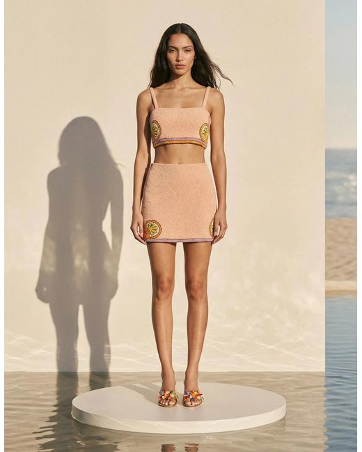 Oceanus Natural Melodie Co-Ord Hand Embroidered Crystal Top Peach
