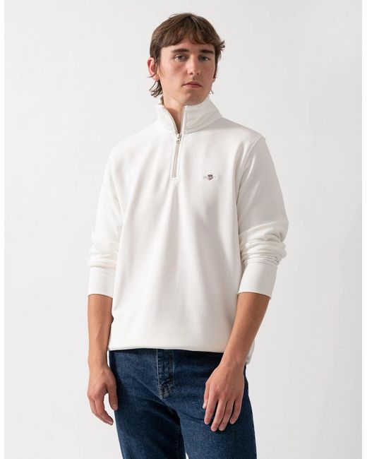 Gant White Regular Fit Shield Logo Half Zip Sweatshirt for men