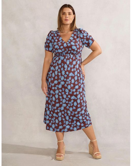 Live Unlimited London Blue Chocolate Floral Print V Neck Shirred Dress