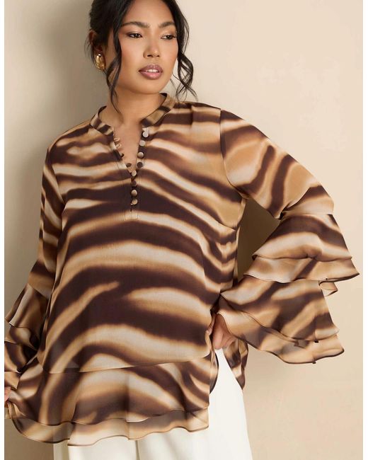 Live Unlimited London Brown Abstract Print Ruffle Blouse