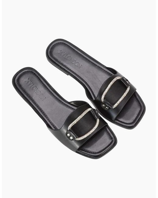 XY London Black Ladies Annie Sparkle Diamante Flat Sliders