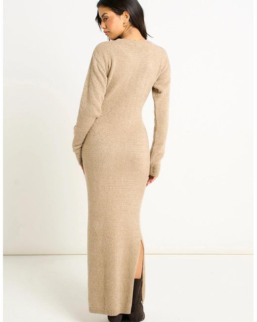 Gini London Natural Oatmeal Jersey Boucle Side Slit Maxi Dress