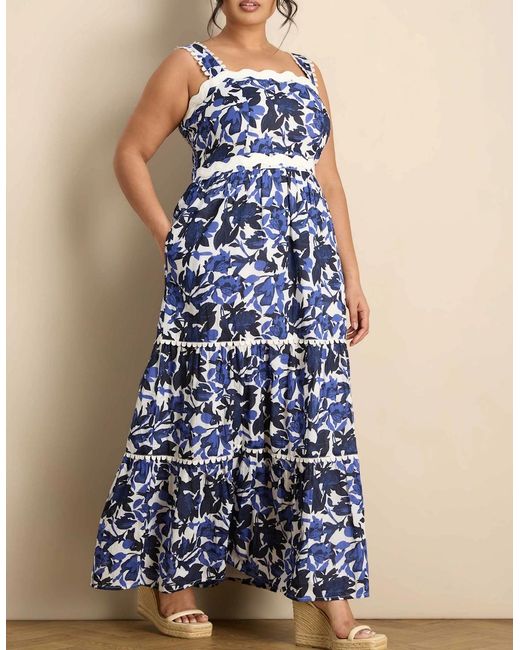 Live Unlimited London Blue Cotton Floral Print Tiered Maxi Dress