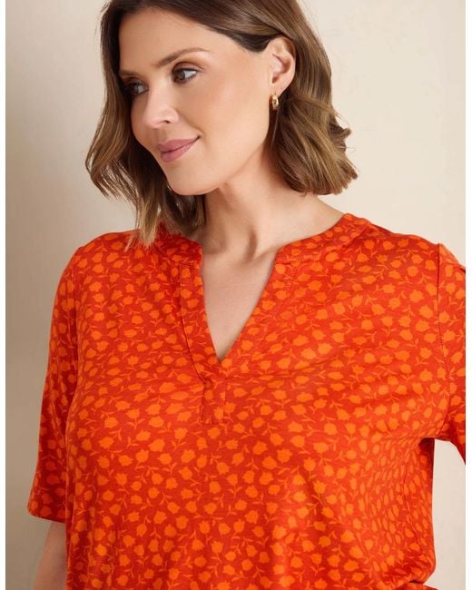 Live Unlimited London Red Floral Print Nehru Collar Short Sleeve Jersey Top