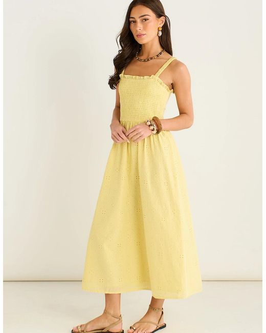 Gini London Yellow Embroidered Shirred Bodice Sun Dress