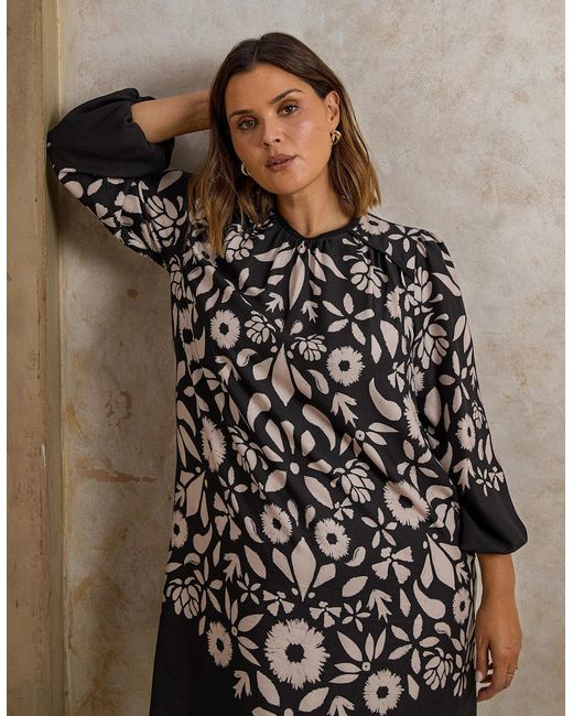 Live Unlimited London Black Graphic Floral Placement Dress