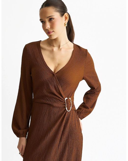 Gini London Brown Jersey Texture Wrap Metal Trim Midi Dress