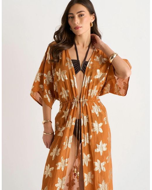 Gini London Orange Floral Lurex Tie Front Kaftan Kimono