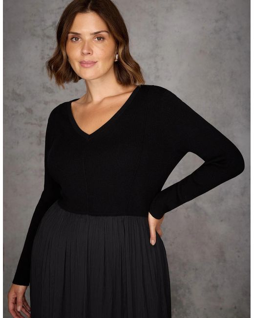 Live Unlimited London Black Knit Bodice Pleated Skirt Dress