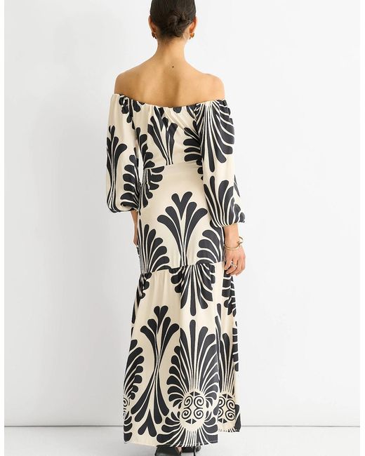 Gini London White Cream Bardot Mono Print Maxi Dress