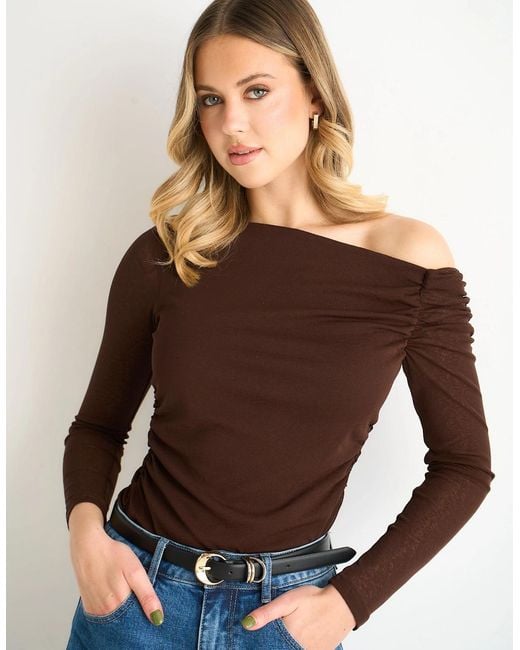 Gini London Brown Chocolate Jersey Slash Neck Long Sleeve Top