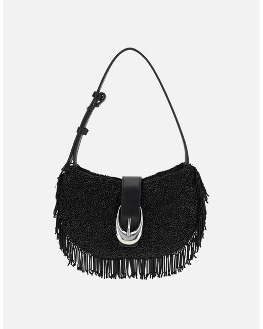 Staud Black Beaded Fringe Shoulder Bag With Magnetic Flap