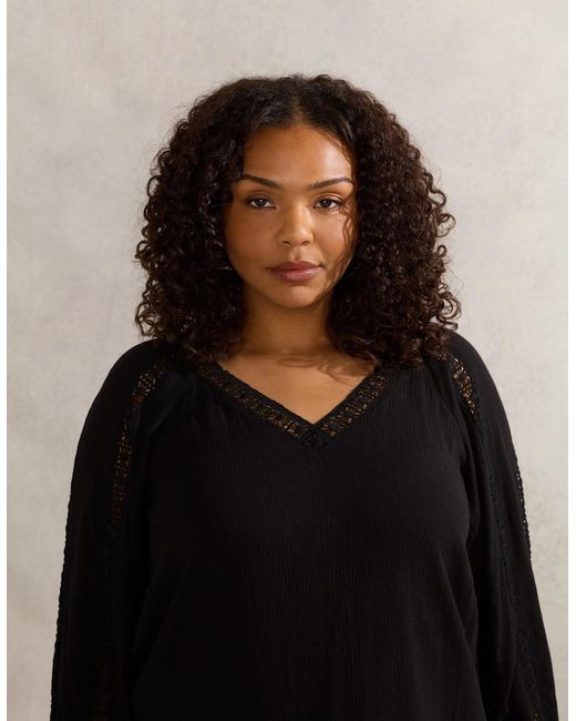 Live Unlimited London Black Crinkle Crochet Insert Blouse