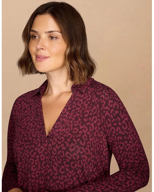 Live Unlimited London Purple Burgundy Animal Print Jersey Polo Collar Tunic