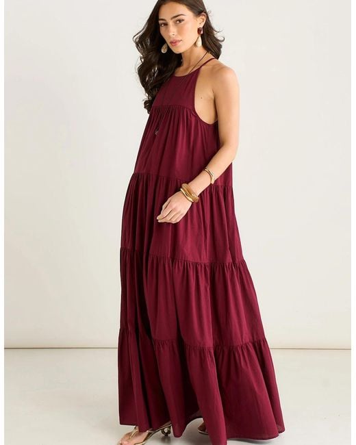 Gini London Mulberry Tiered Halter Maxi Trapeze Dress