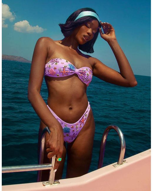 Oceanus Blue Quinn Embellished Slip On Bikini Bottoms