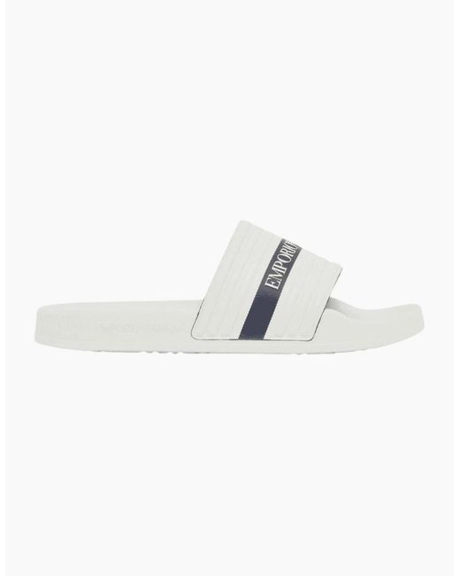 Emporio Armani White Tape Logo Rubber Sliders for men