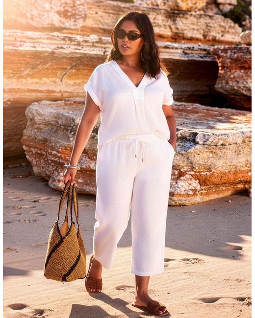 Live Unlimited London Brown Linen Blend Drawstring Cropped Trousers