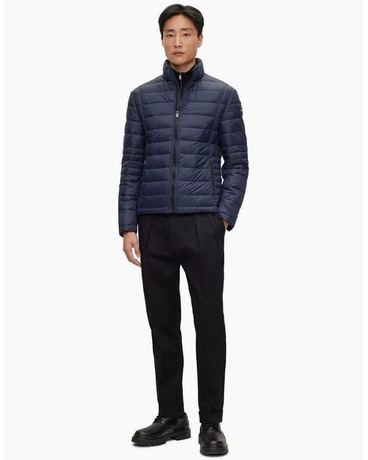 Boss Blue Solid Patterned Puffer Jacket for men