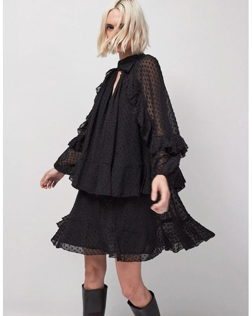 Ro&zo Black Dobby Ruffle Short Dress
