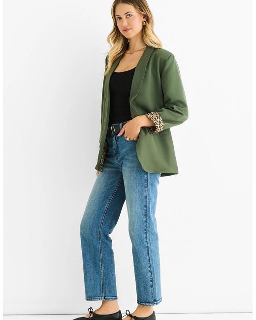 Gini London Green Khaki Contrast Animal Edge To Edge Blazer