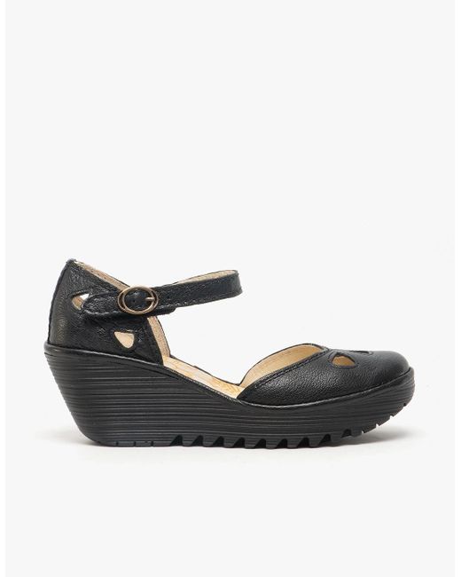 Fly London Black Yuna Leather Cut Out Wedge Heel Sandals