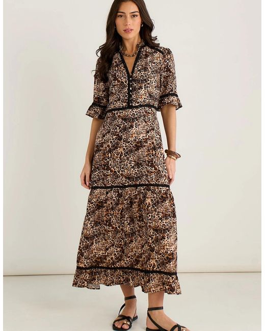 Gini London Brown Animal Print Lace Trim Tiered Midi Dress