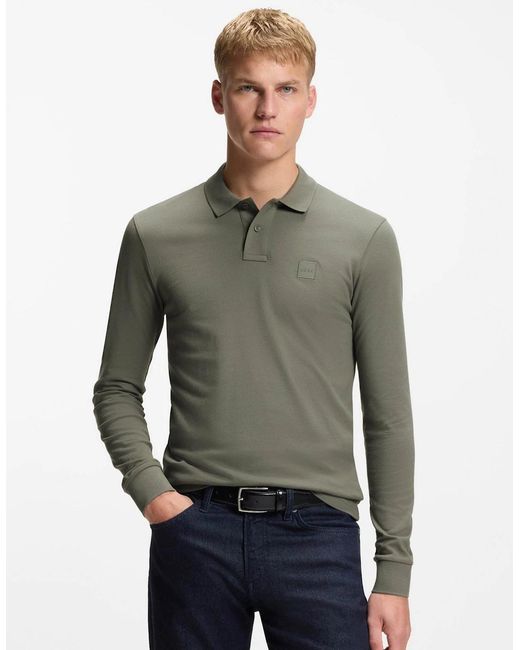Boss Gray Boss Passerby Long Sleeve Stretch-Cotton Polo Shirt With Logo Patch for men