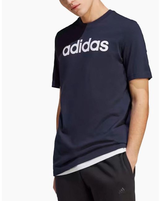 Adidas Blue Essentials T Shirts Crew Neck Single Jersey Linear Embroidered Logo for men