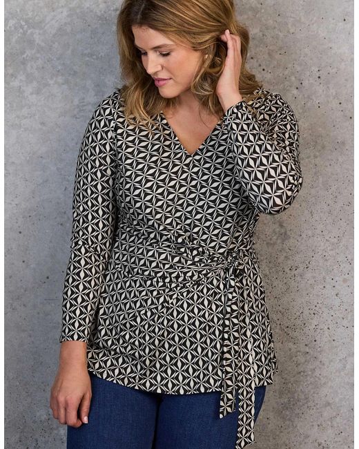 Live Unlimited London Gray Geo Print V-Neck Side Tie Tunic