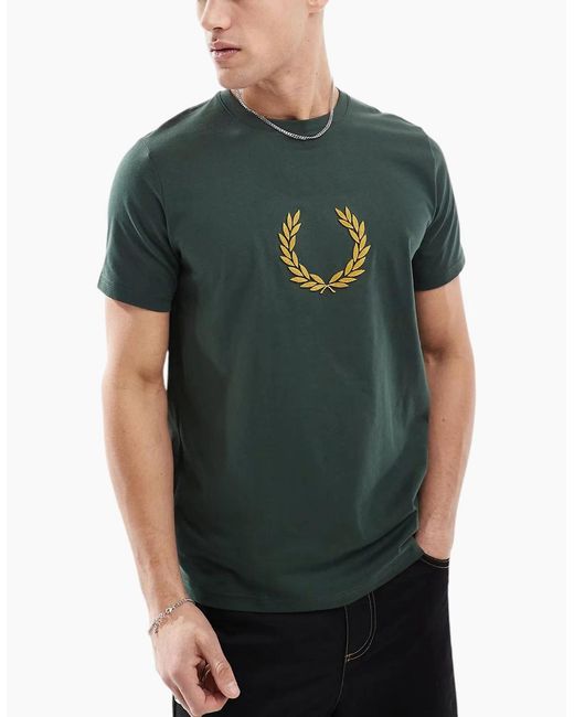 Fred Perry Green T Shirt Textured Laurel Wreath Logo Crew Neck Short Sleeve Summer Tee for men