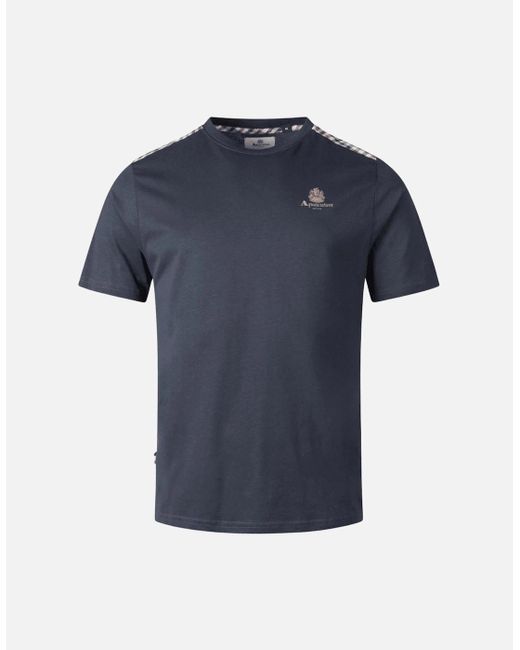 Aquascutum Blue Cotton Shoulder Check T-Shirt for men