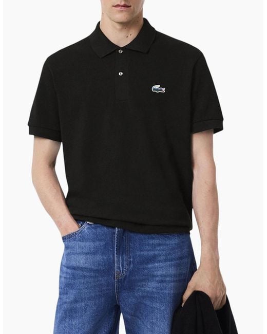 Lacoste Black Polo Shirts Classic Fit Landscape Crocodile Pique Golf Polo Shirt for men