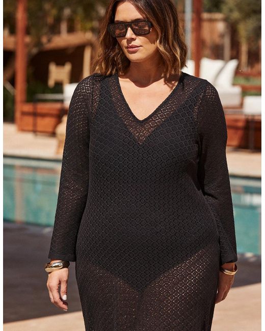 Live Unlimited London Black Crochet Bell Sleeve Midaxi Dress