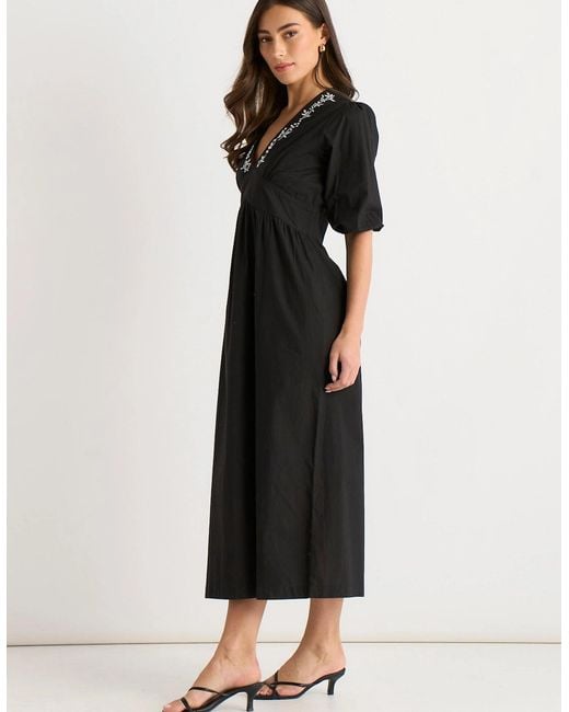 Gini London Black Puff Sleeve Cotton Embroidered Midi Dress