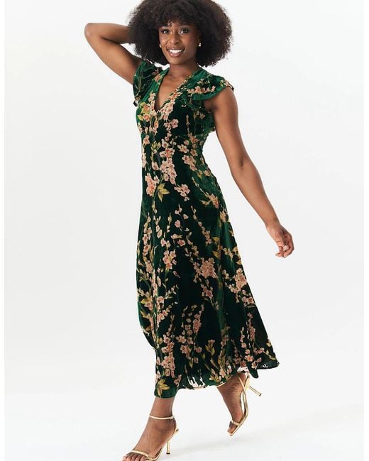 Gini London Green Floral Devore Ruffle V Neck Midaxi Dress