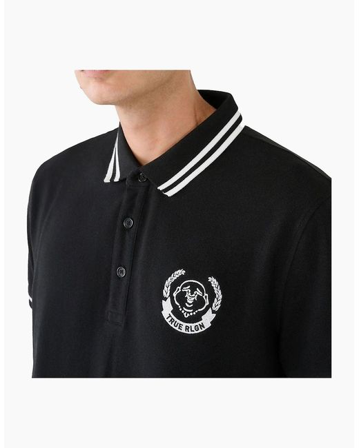 True Religion Black Polo Shirt Relaxed Fit Laurel Buddah Face Pique Polo Shirts for men