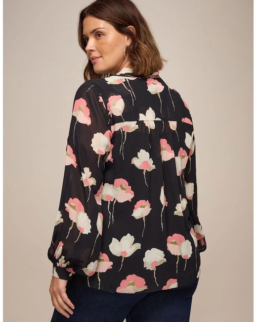 Live Unlimited London Black Floral Print Tie Neck Blouse